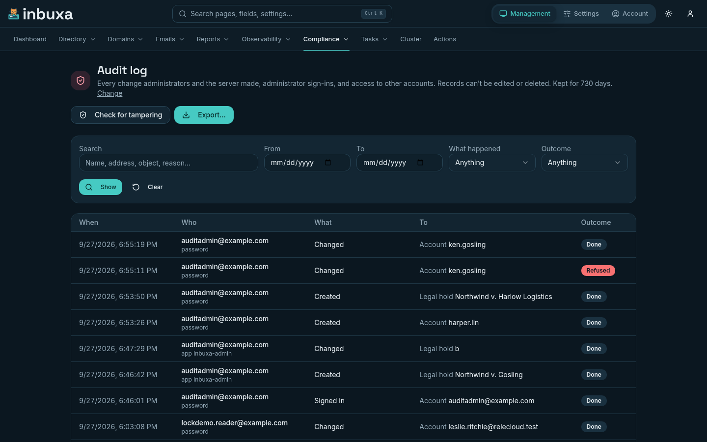 The audit log: newest first, who did what to what, and whether it worked, with filters above