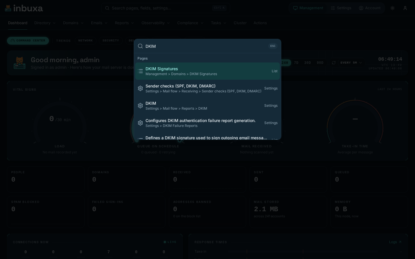 The console's search, finding every page and setting about DKIM