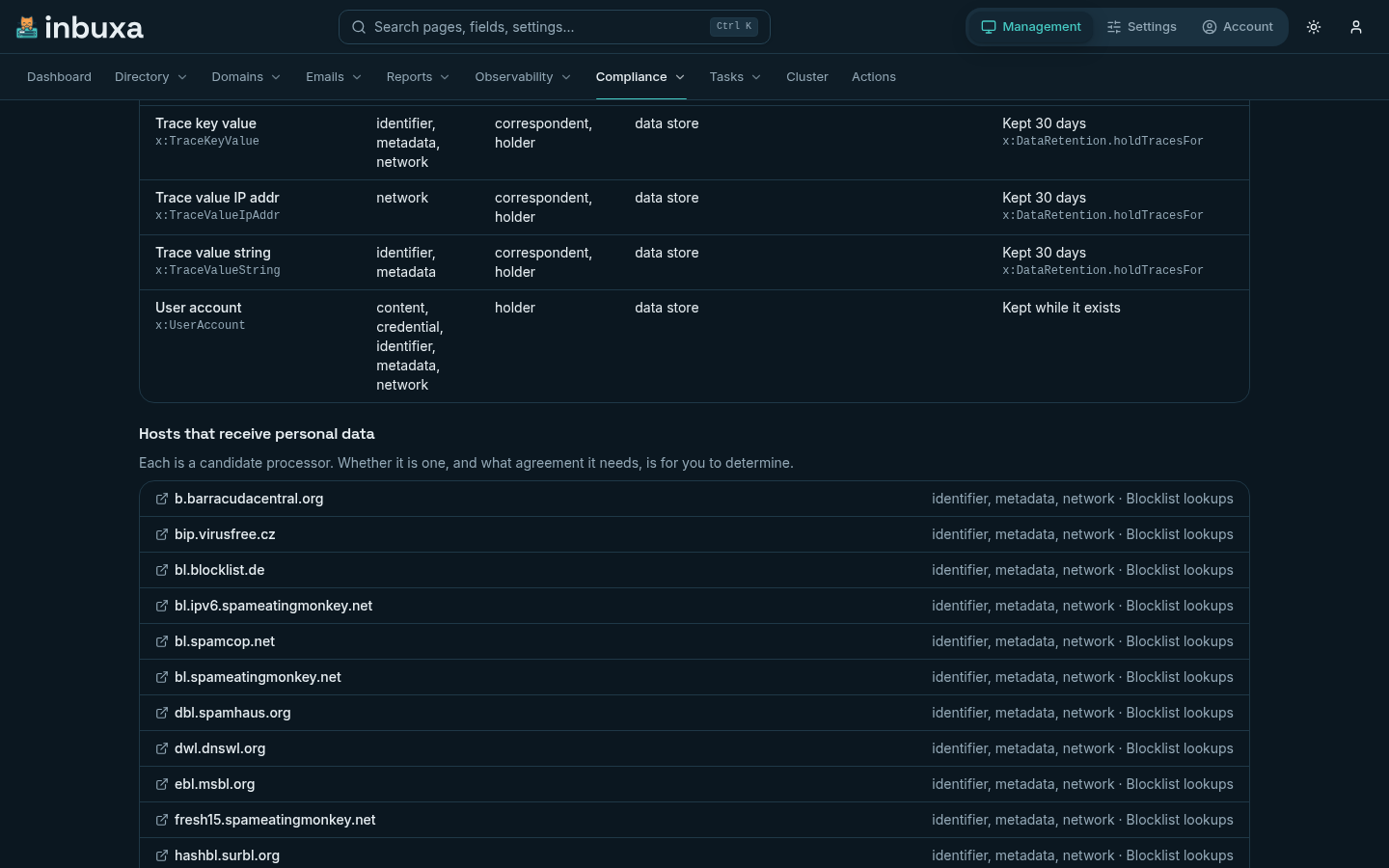 Below the table: each host that receives personal data, what it receives, and from which feature