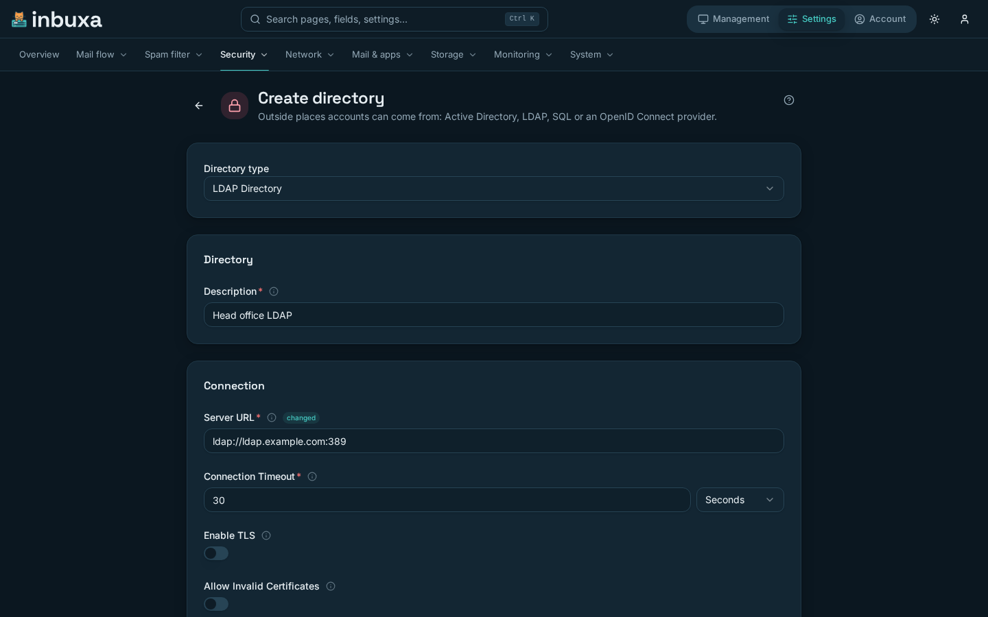 Creating an LDAP directory in the console
