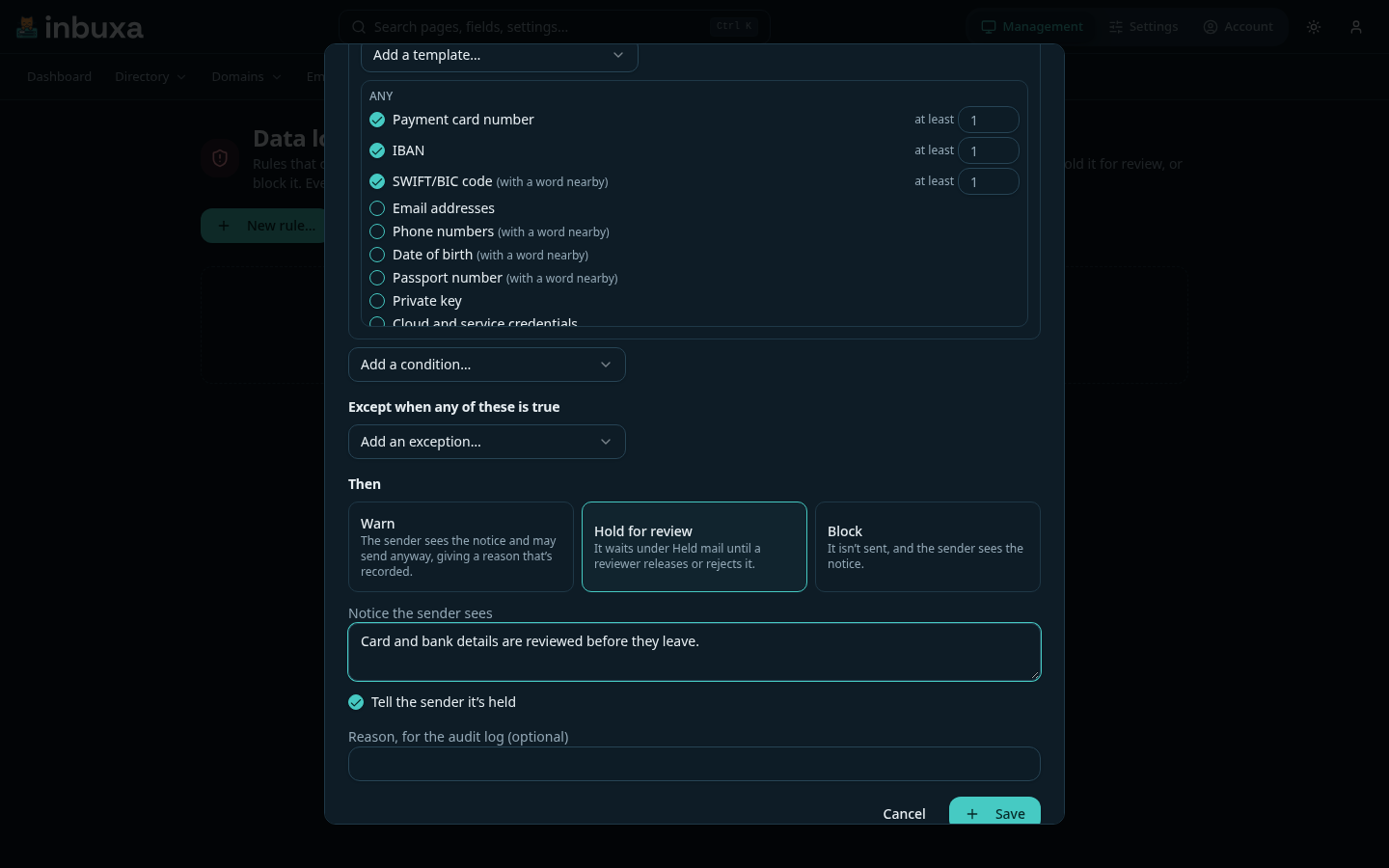 The rule editor: detectors ticked from the payments template, Hold for review chosen, the notice, and the option to tell the sender