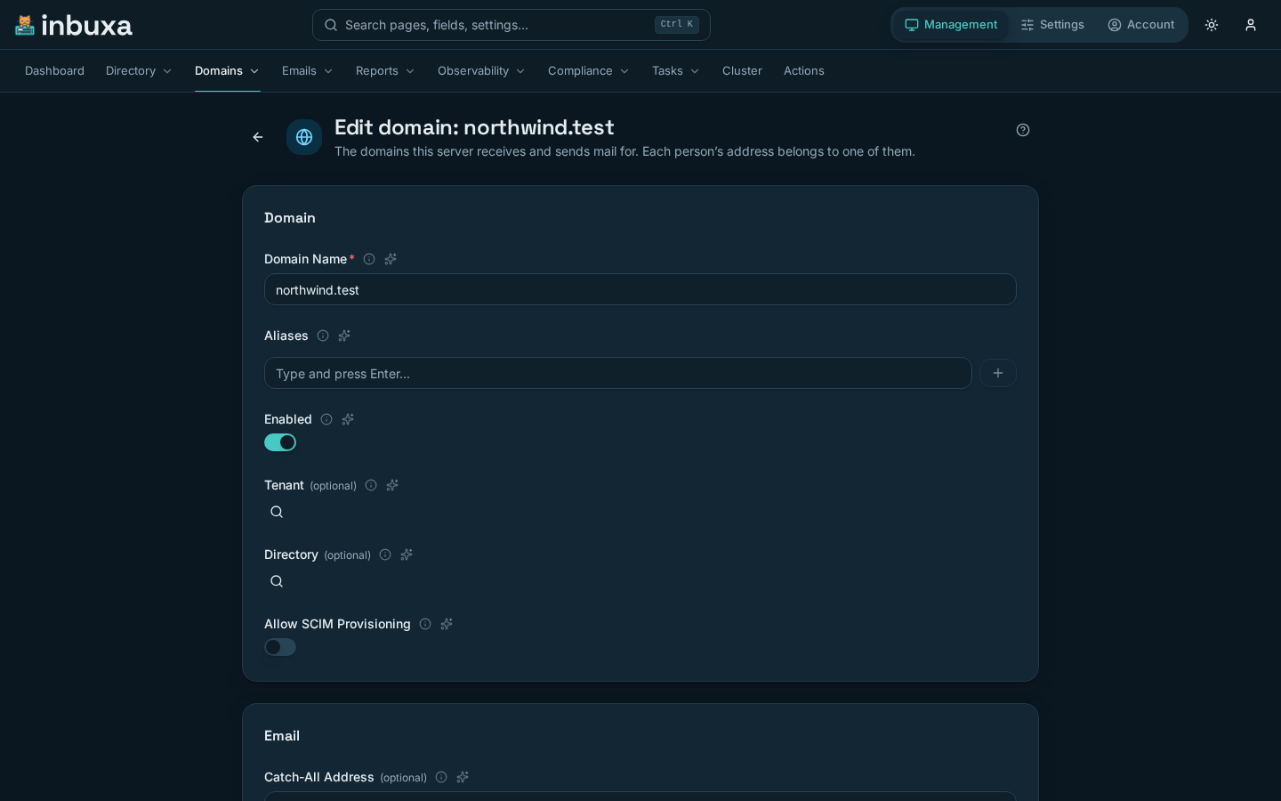 A domain in the console, with its Tenant, Directory and Allow SCIM Provisioning fields