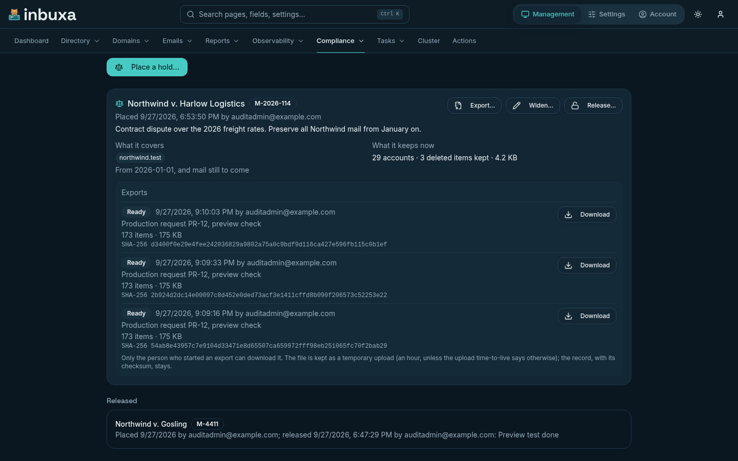 A legal hold with three finished exports, each with its reason, item count, size, SHA-256 and a Download button