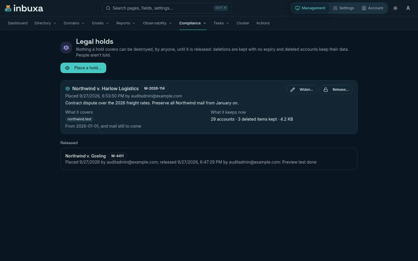 Legal holds: an active hold on a domain from January, what it covers and keeps now, and a released one below
