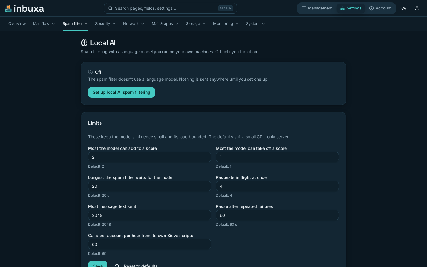 The console's Local AI page, showing Off, with the Limits card below