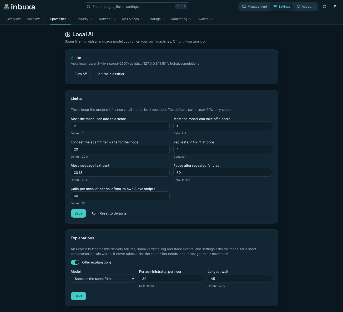 The Local AI page with the classifier on, the model it asks, and the Limits and Explanations cards
