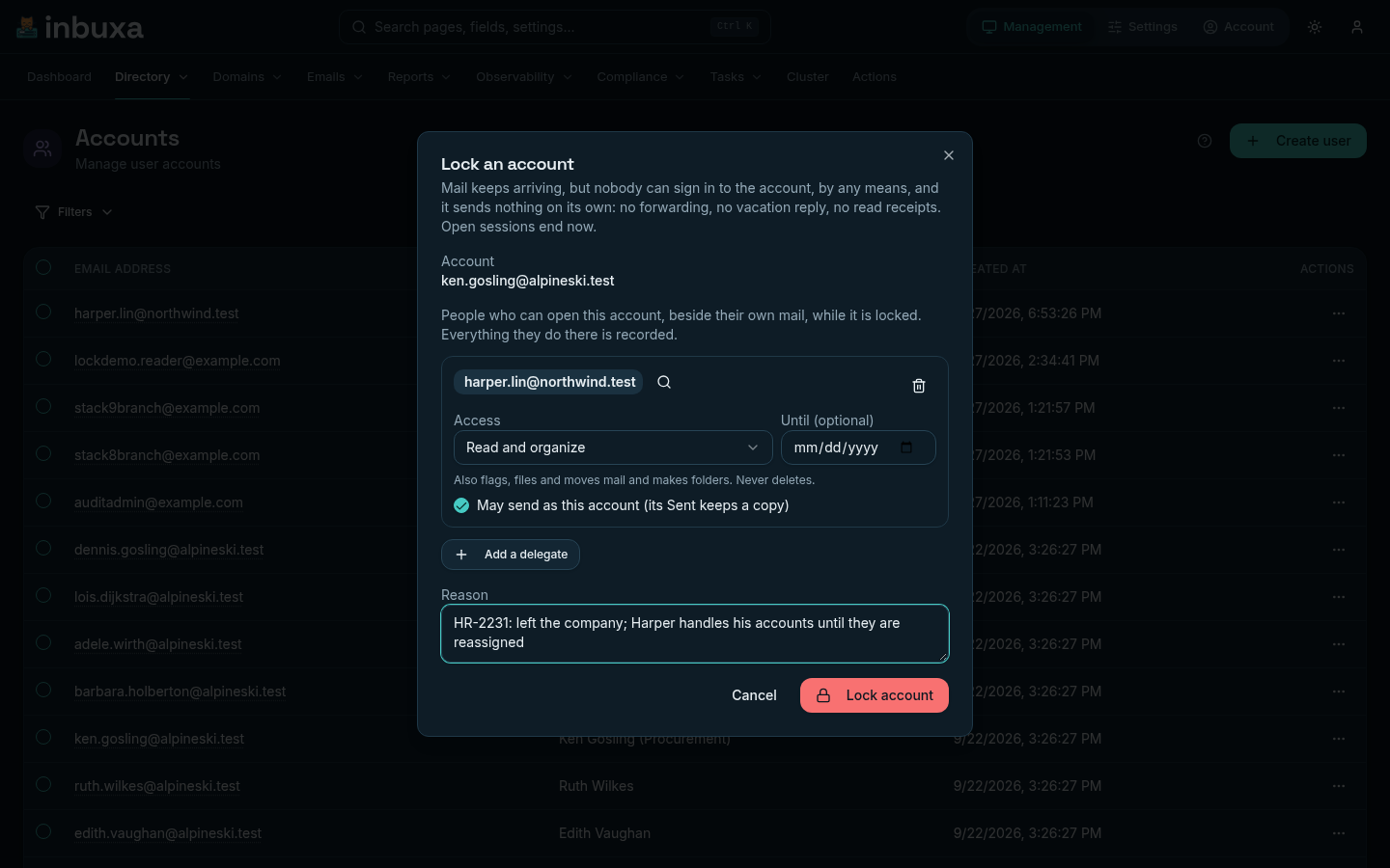 Locking an account from the Directory: one delegate who may read, organize and send as the account, and the reason