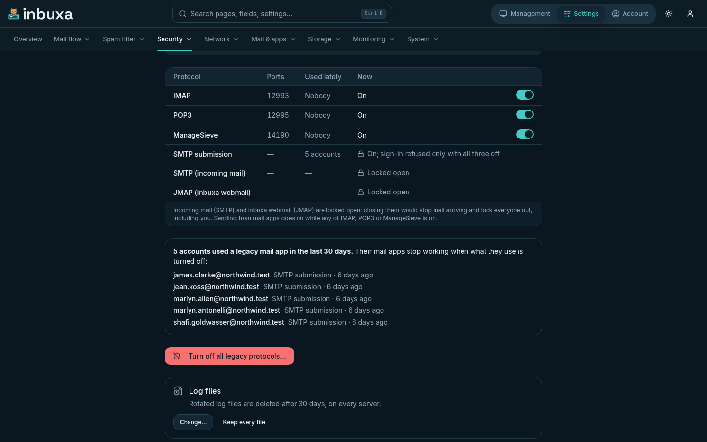 The Log files card on the Security page: rotated log files are deleted after 30 days, on every server