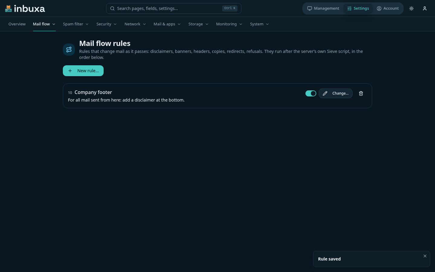 Mail flow rules: a company footer on mail sent from here