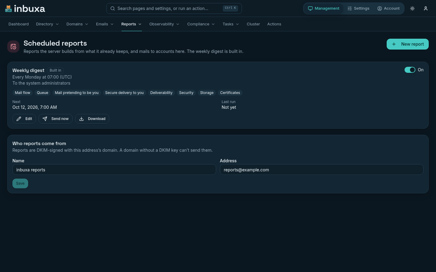 Scheduled reports: the built-in weekly digest, every Monday at 07:00 UTC to the system administrators with all eight sections, its next run, and who reports come from
