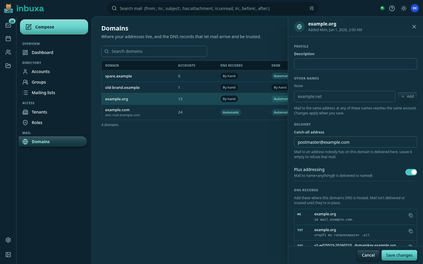 The webmail's Administration › Domains, with a domain open: its settings and its DNS records, each with a copy button